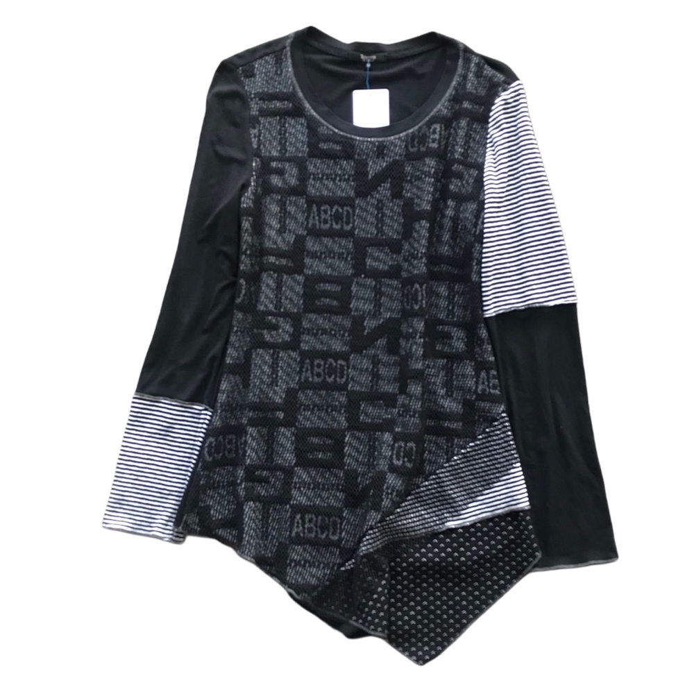 Tesoro Moda Long Sleeve Top Bias Cut Hem  Striped Panelled Design Mesh Top AOG